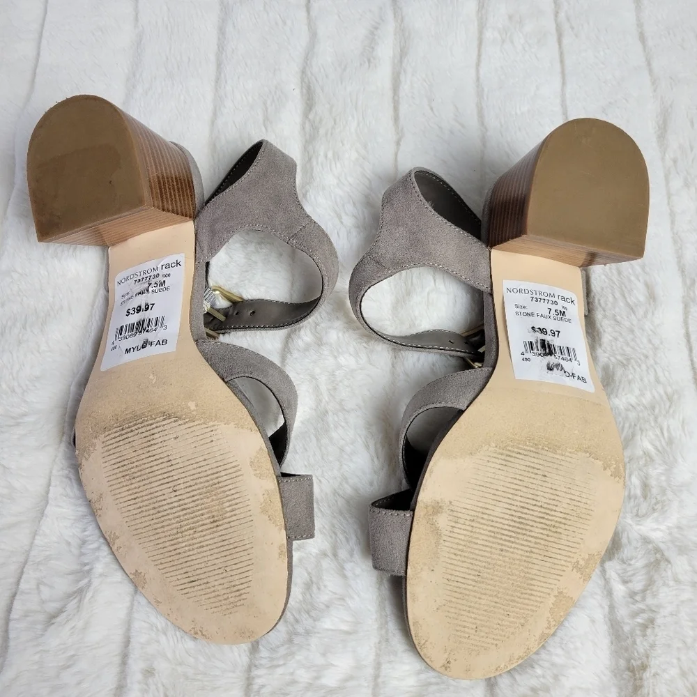 14th & UNION // taupe grey suede adjustable ankle strap heeled sandals